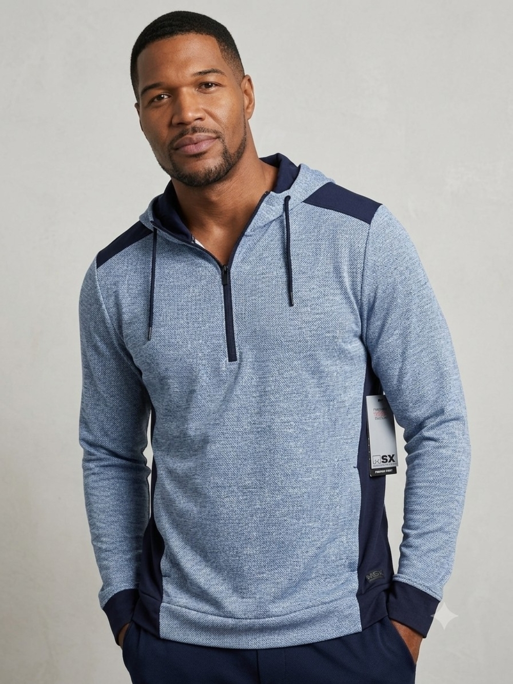 MSX By Michael Strahan Mens Blue Premium Terry Quarter Zip Hoodie Mens Sz Small
